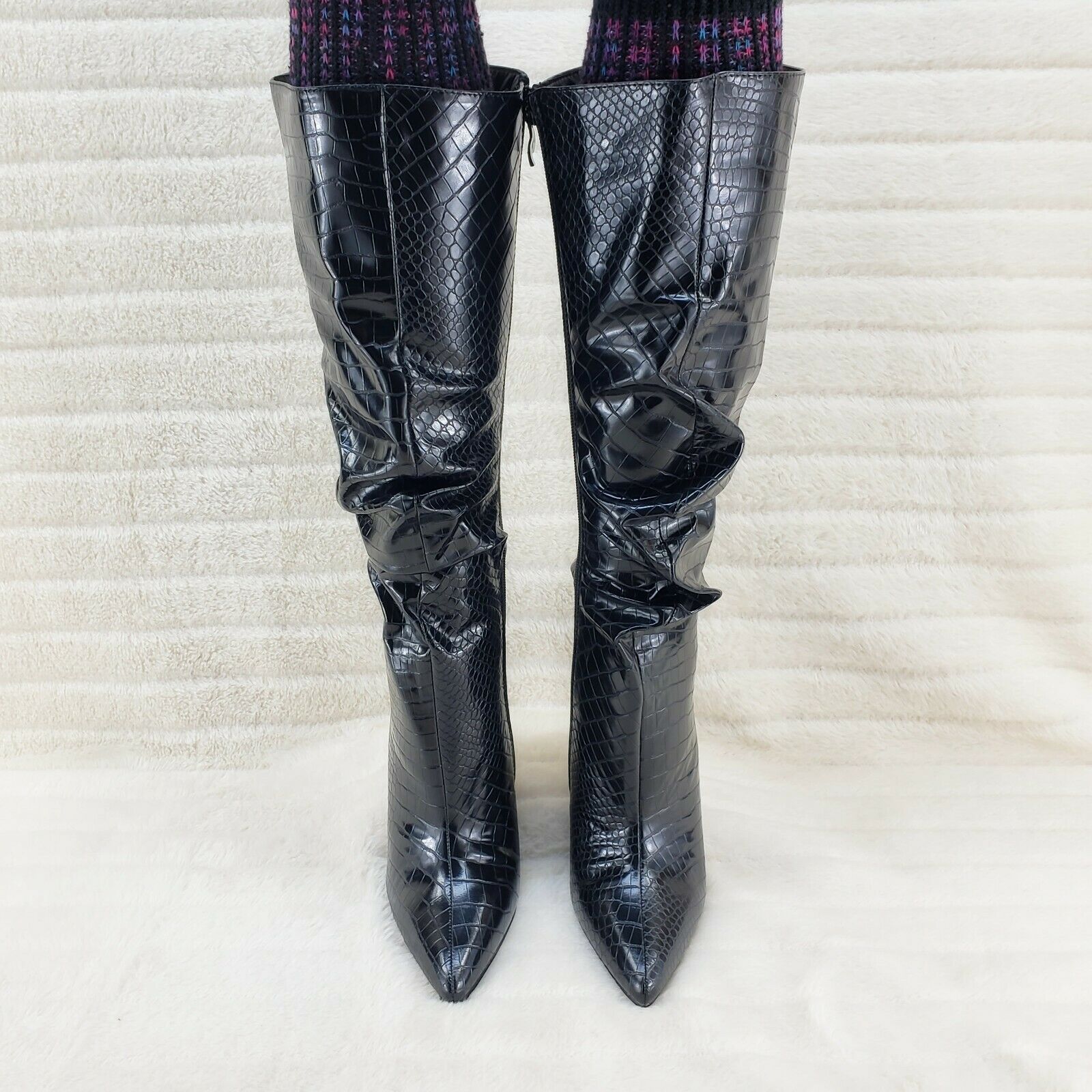 Always Trendy Black Croc Slouchy Scrunch High Heel Knee Boots - Totally Wicked Footwear
