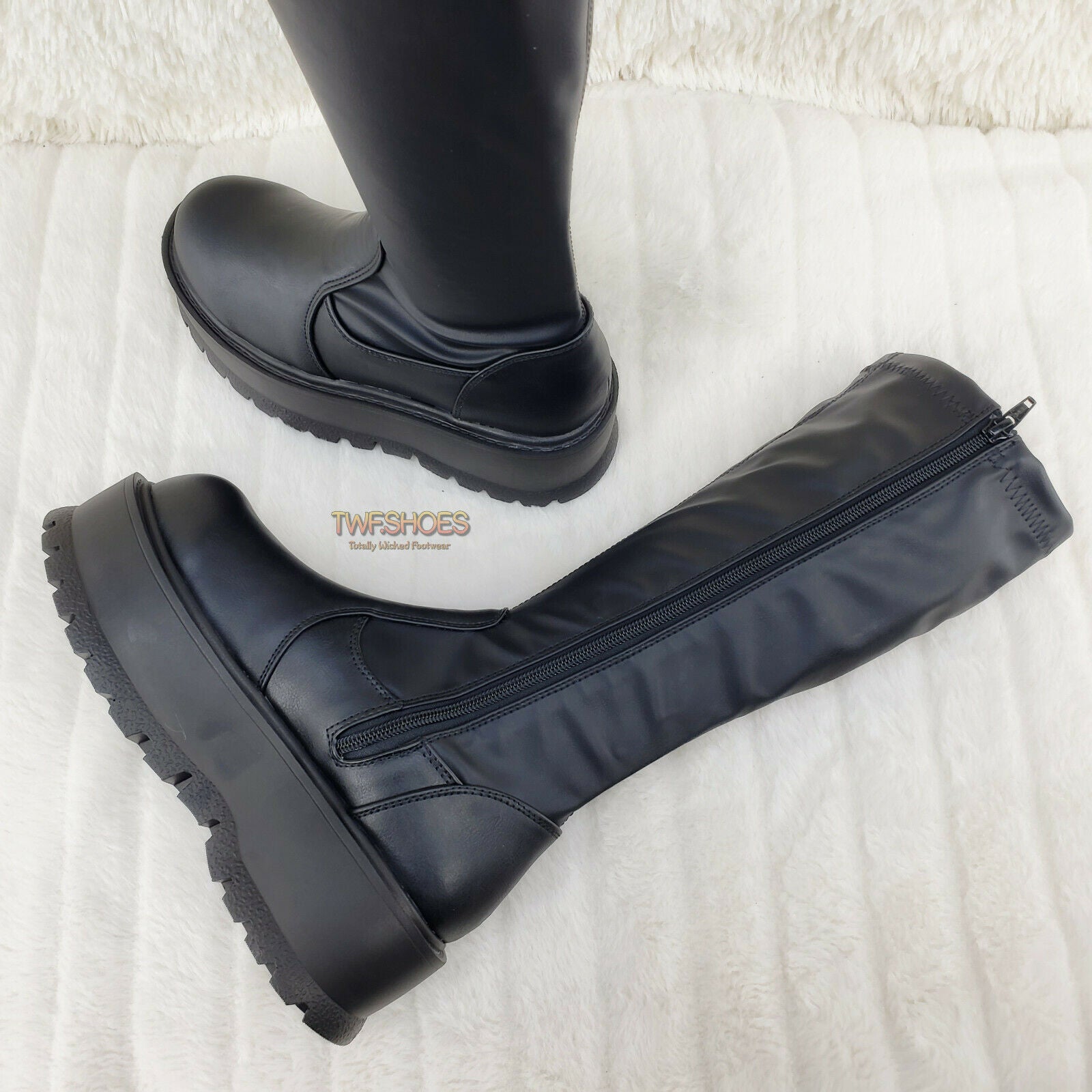 Demonia Slacker 200 65 Black Matte Platform Wedge Heel Knee Boots NY - Totally Wicked Footwear