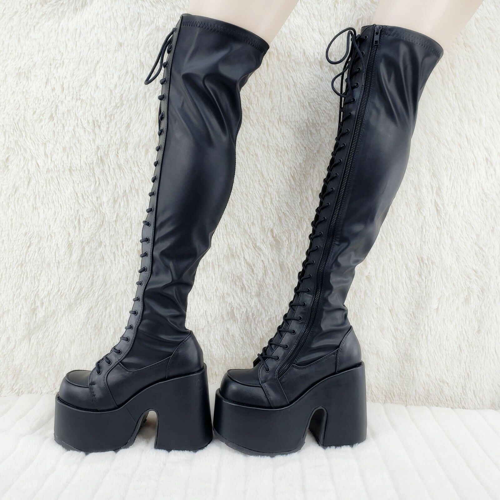 Camel 300 Platform 5" Heel Stretch Lace Up Goth Punk Thigh Boots Black Matte NY - Totally Wicked Footwear