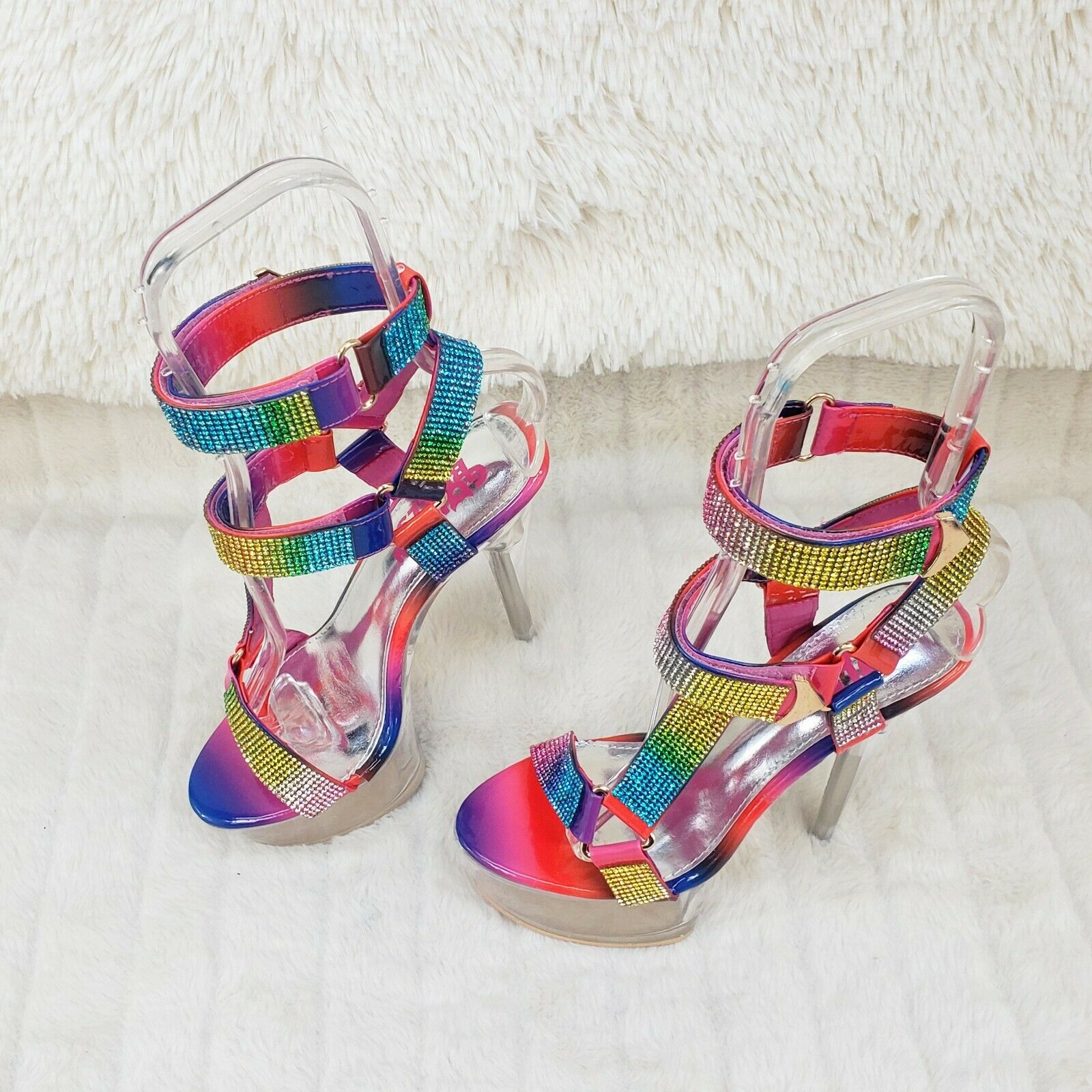 Xapala Rainbow Rhinestone Harness Strap Clear Platform High Heel Shoes - Totally Wicked Footwear