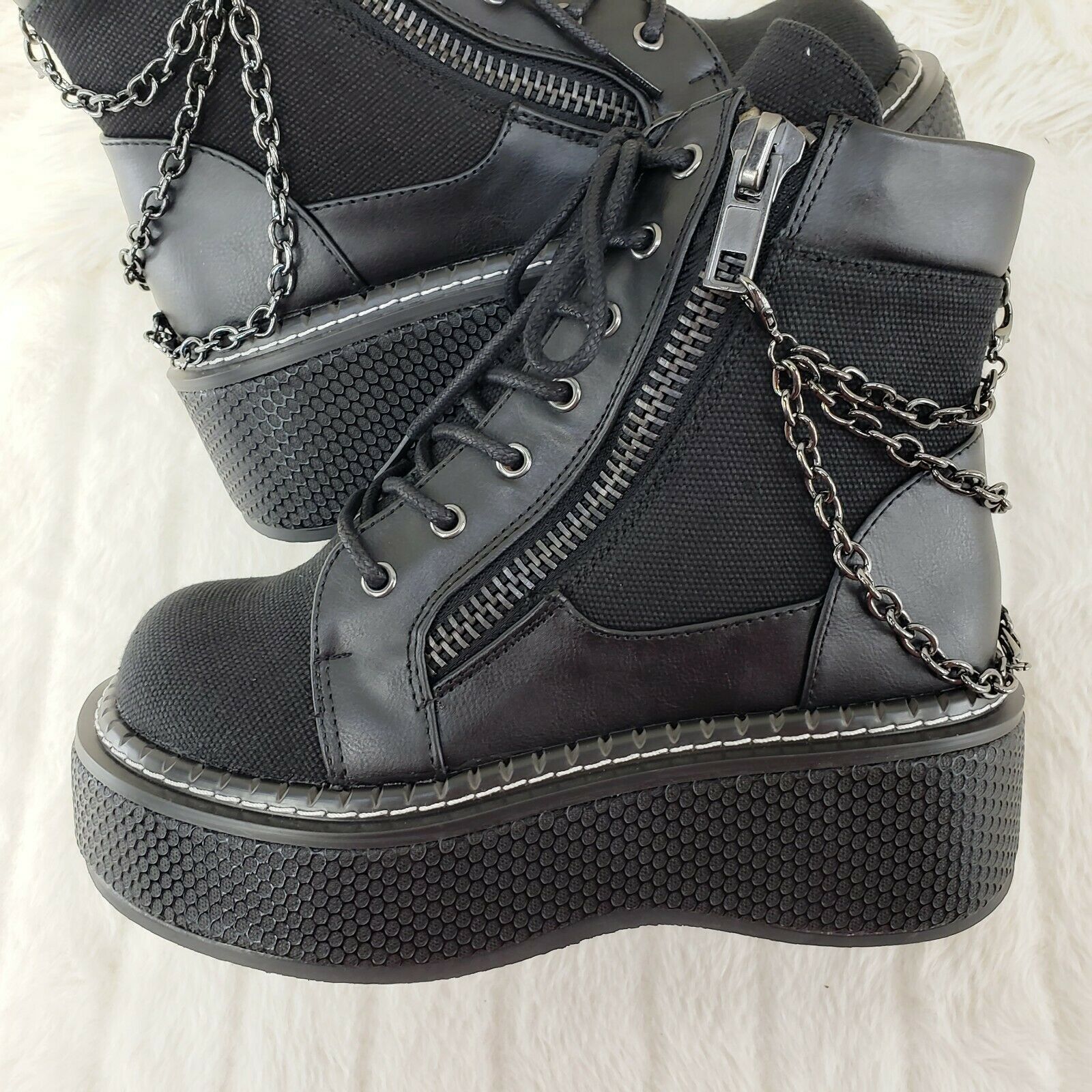 Demonia Emily 114 Black Canvas Chain 2" Platform Punk Goth Ankle Boots NY - Totally Wicked Footwear