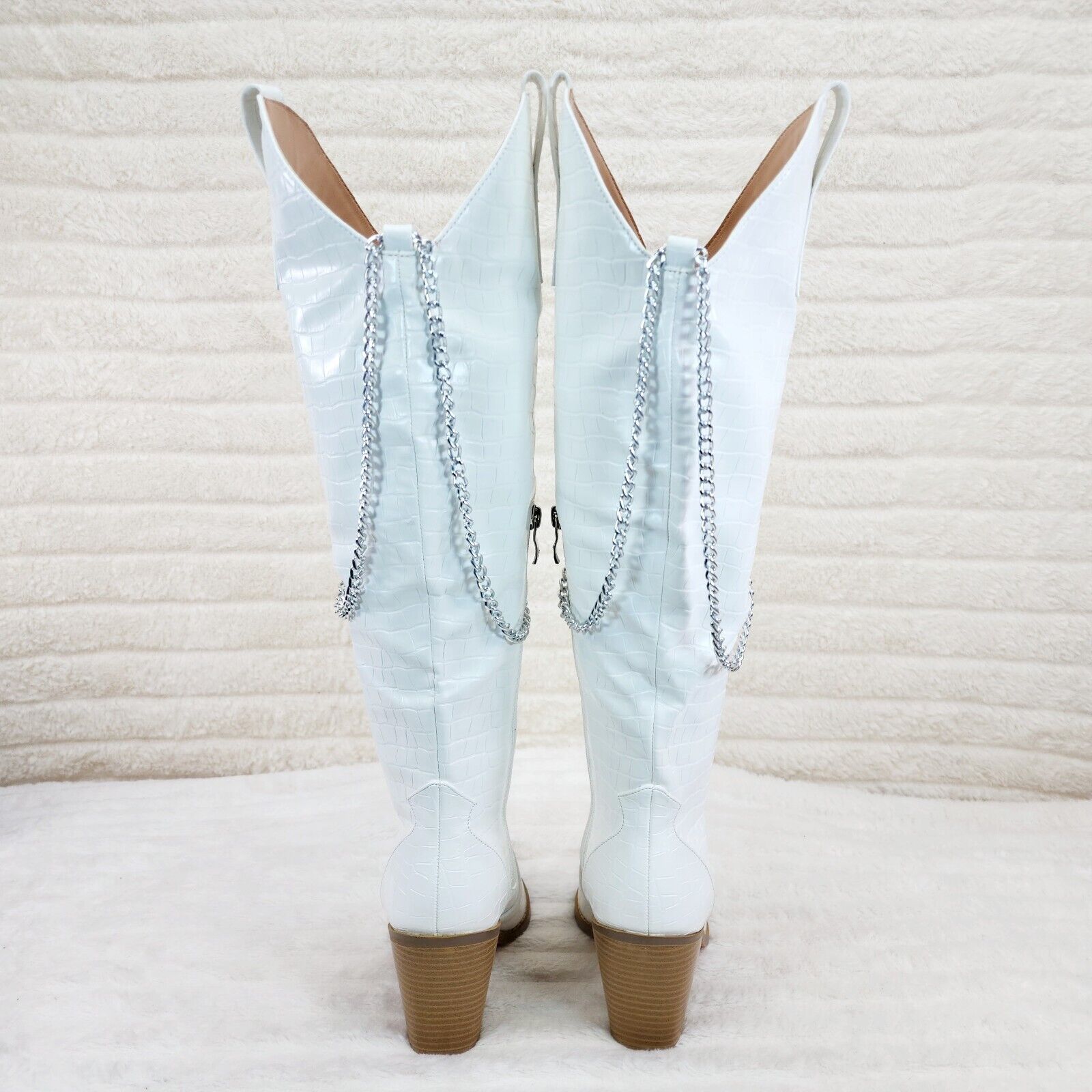 Dallas White Snake Texture Western Knee High Draped Chain Cowgirl Boots - Totally Wicked Footwear