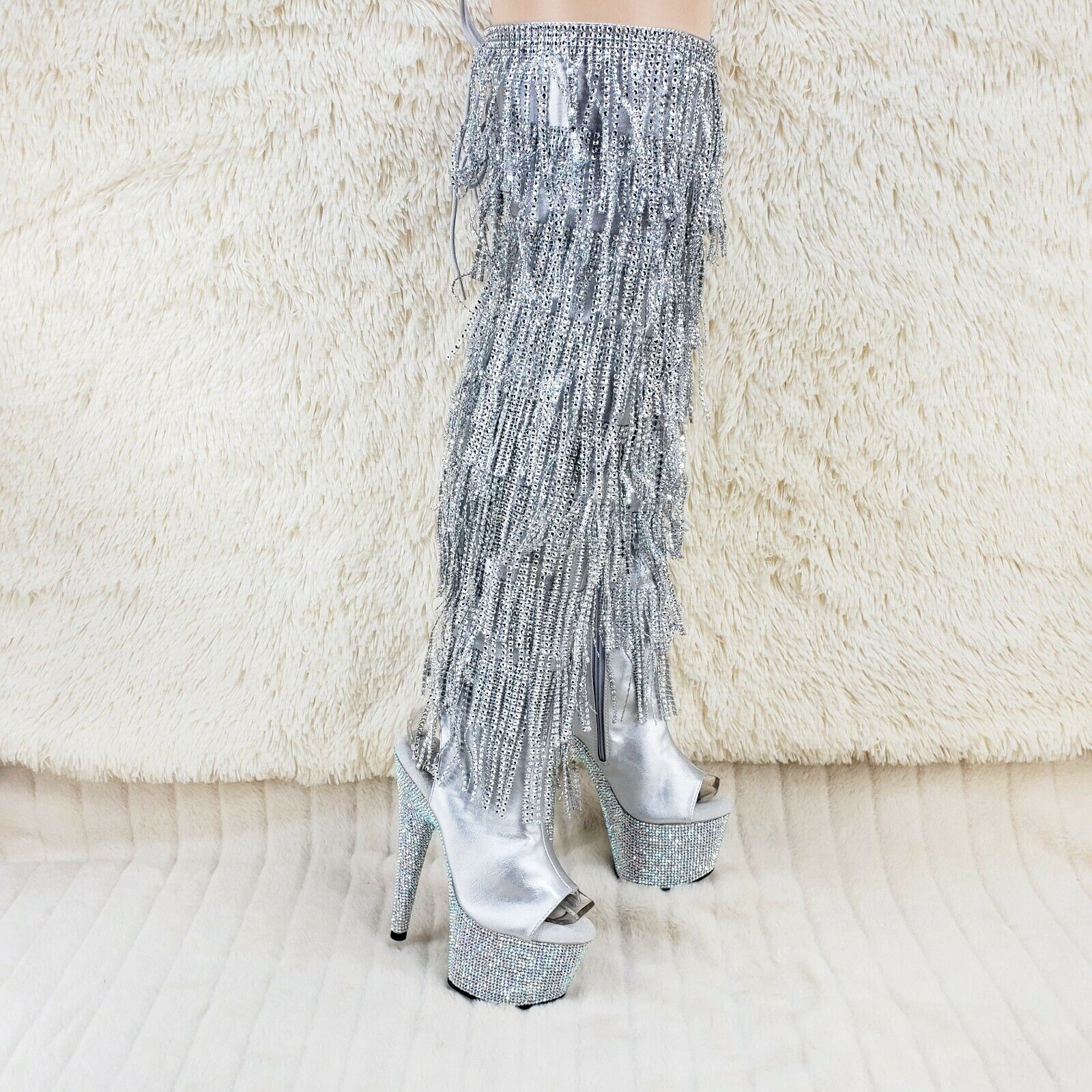 Bejeweled 3019DM Silver Rhinestone Platform 7" High Heel Fringe Thigh Boots NY - Totally Wicked Footwear
