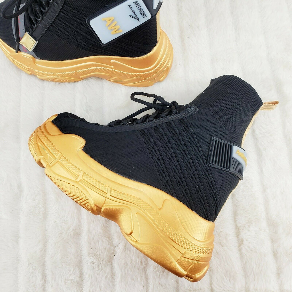 Wang Damson Pull On Knit Sock Platform Sneakers Hidden Wedge Black/Gold Kicks - Totally Wicked Footwear