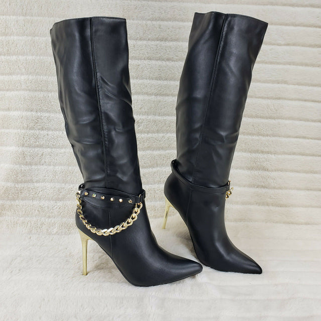 Eva Soft Black Leatherette Gold Tone High Heel & Chain Knee Boots - Totally Wicked Footwear