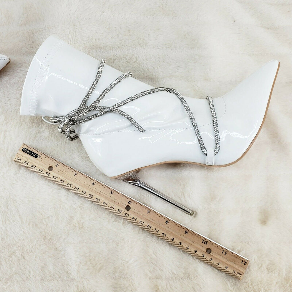 Destiny White Stretch Patent Cable Rhinestone Strap High Heel Ankle Boots - Totally Wicked Footwear