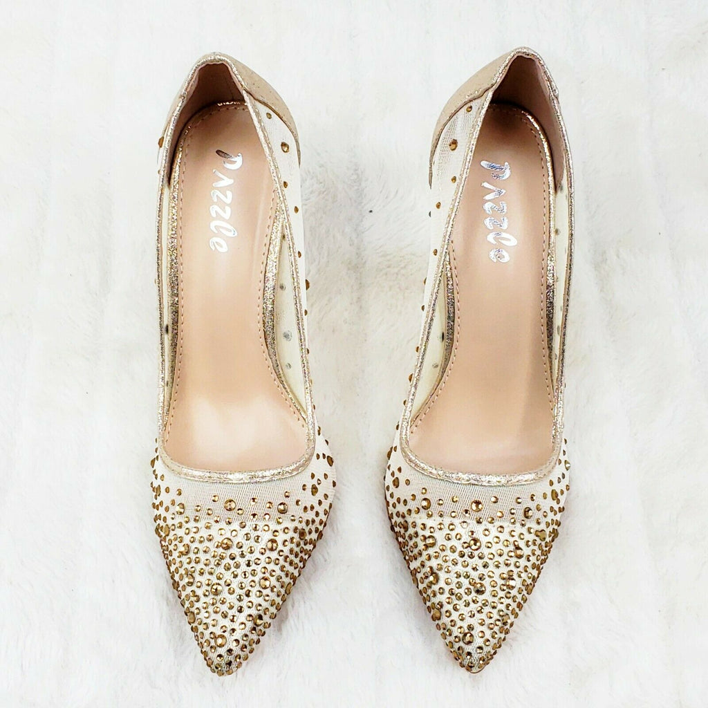 Krayzie Gold Mesh Jeweled 4.5" High Heel Stiletto Shoes Pointy Toe Pumps 6-10 - Totally Wicked Footwear