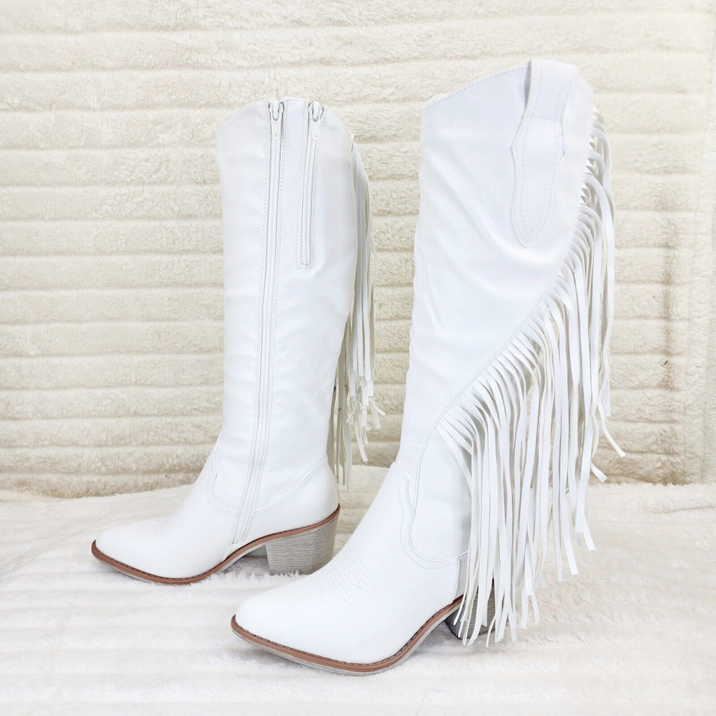 Wild One Bright White Asymmetrical Side Fringe Cowboy Cowgirl Boots Plus - Totally Wicked Footwear