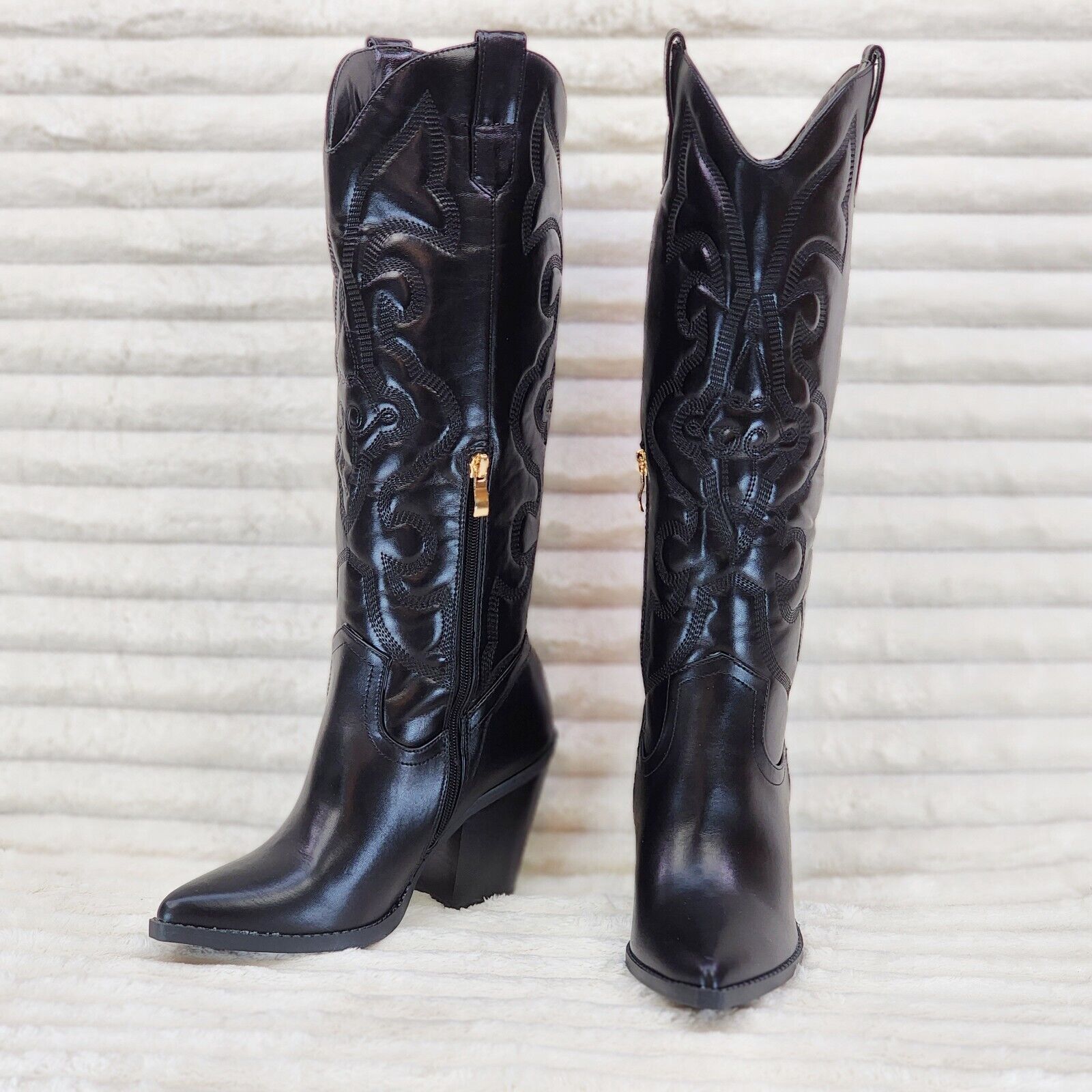 Electric Cowboy Brush Metallic Matte Western Knee High Cowgirl Boots Jet Black - Totally Wicked Footwear
