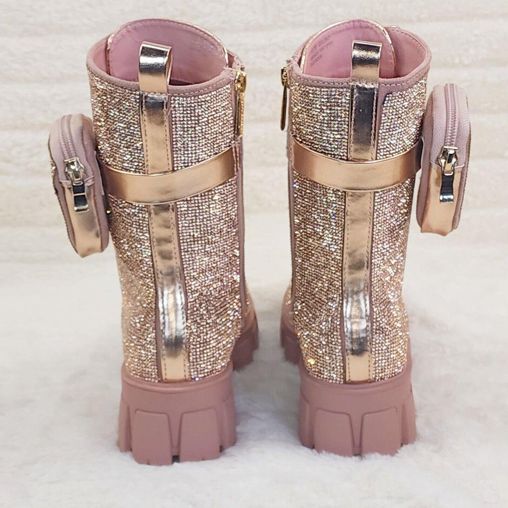 FIERCE FASHION Rose Gold Rhinestone Side Purse Pouch Combat Ankle boots - Totally Wicked Footwear