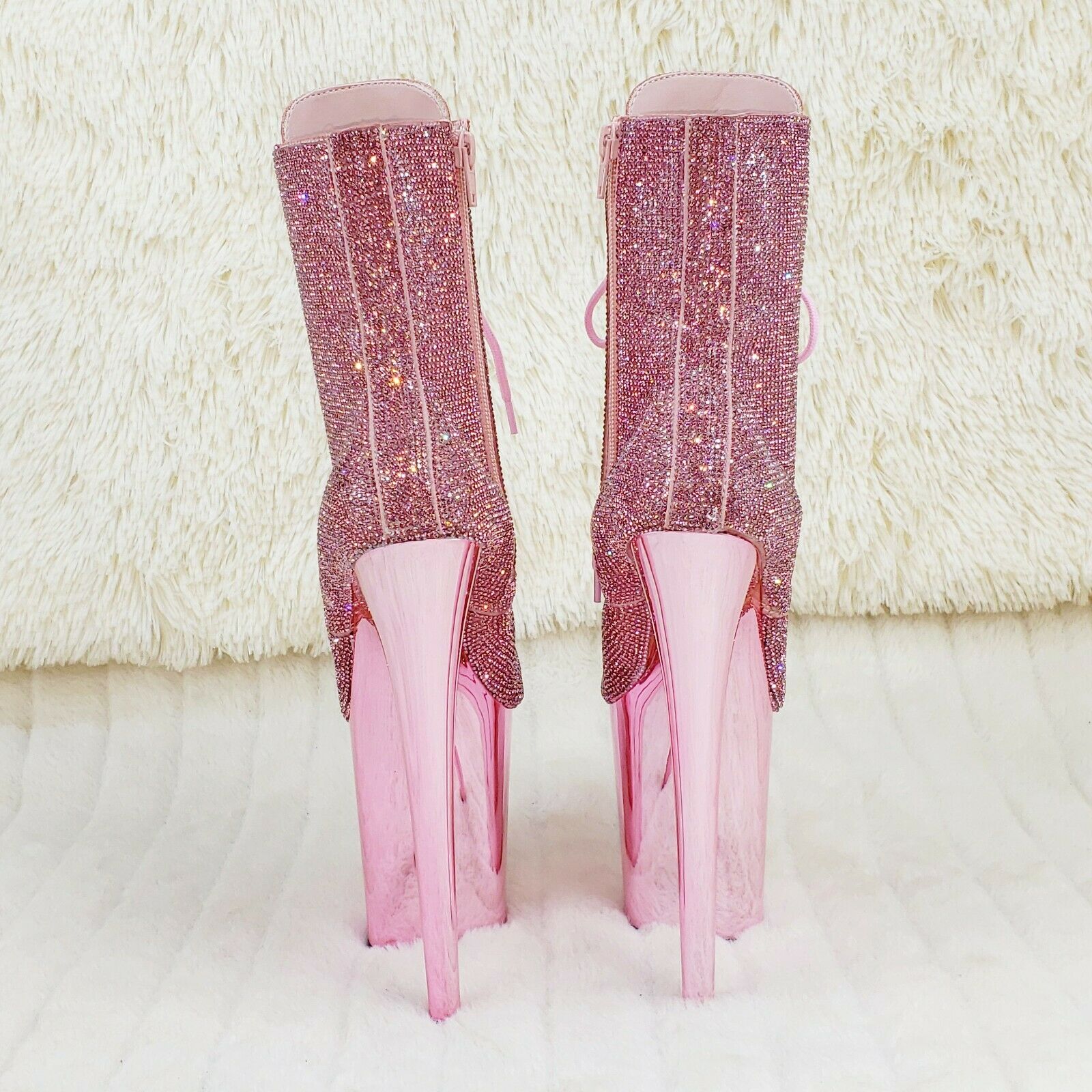 Baby Pink 1020CHRS Bejeweled Rhinestone 8" Heel Chrome Platform Ankle Boots NY - Totally Wicked Footwear
