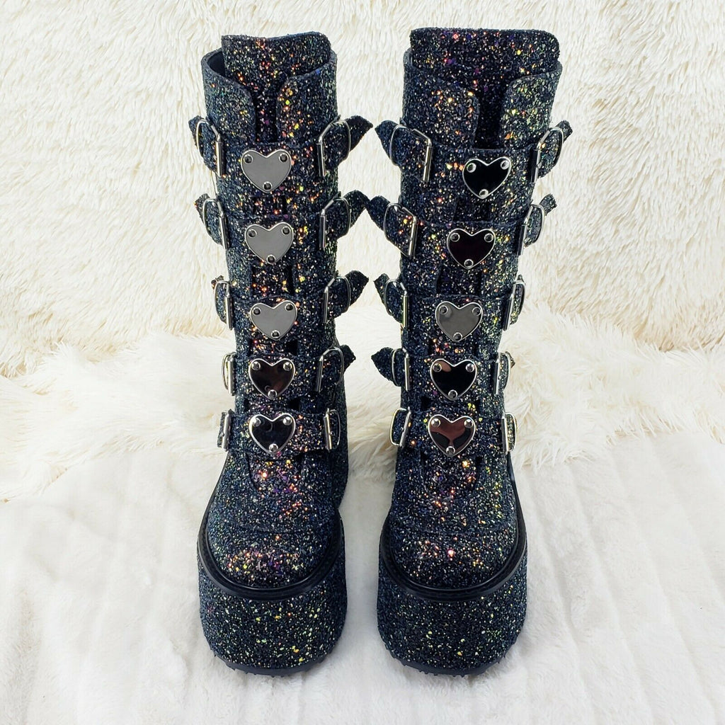 Swing 230G Black Glitter Platform Boots Heart Strap Goth Punk 6-12 Restocked NY - Totally Wicked Footwear