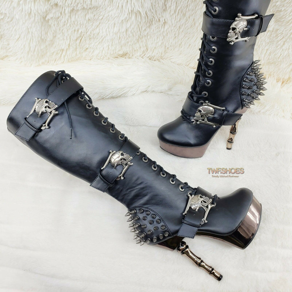 Muerto Chrome Bone High Heel Spiked Skull Buckle Lace Up Knee Boots Size  6-13 NY