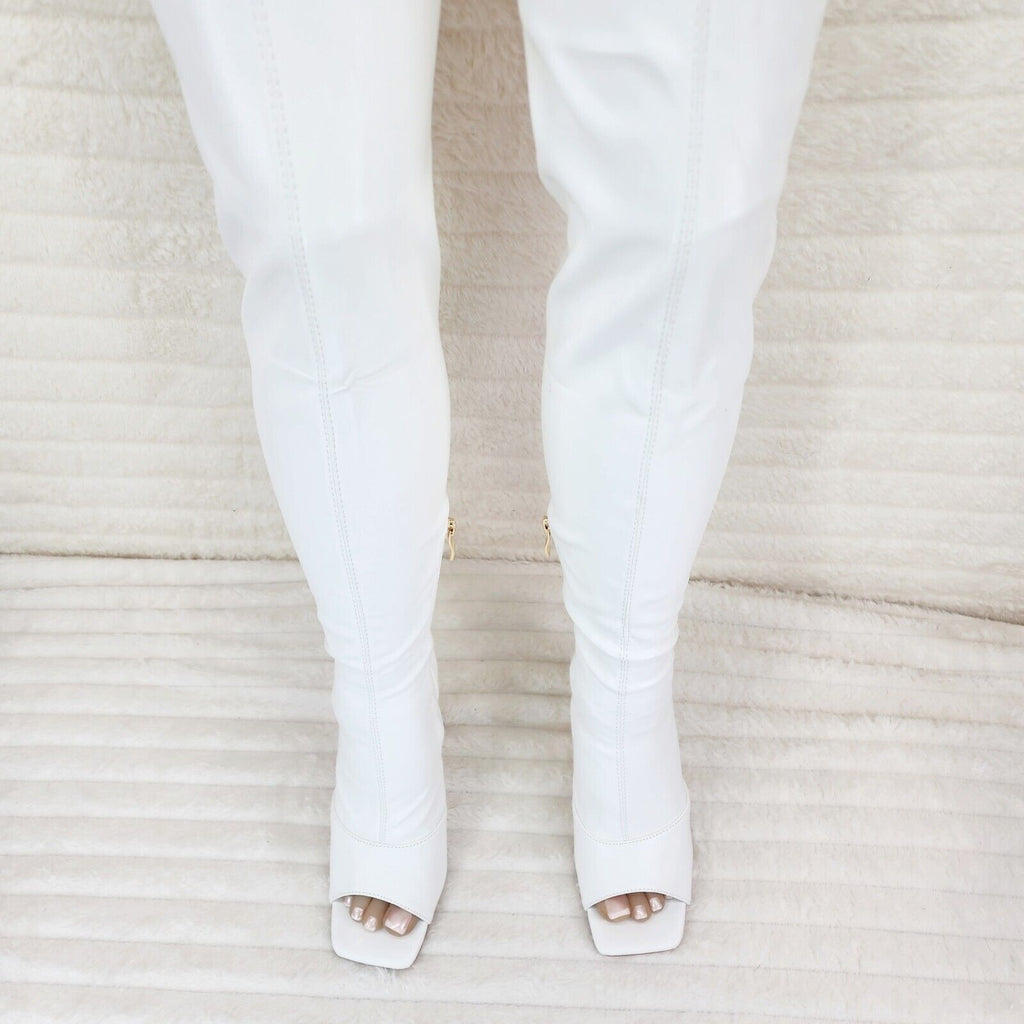 Vicky Bright White Open Square Toe Stretch Thigh High Heel Boots - Totally Wicked Footwear