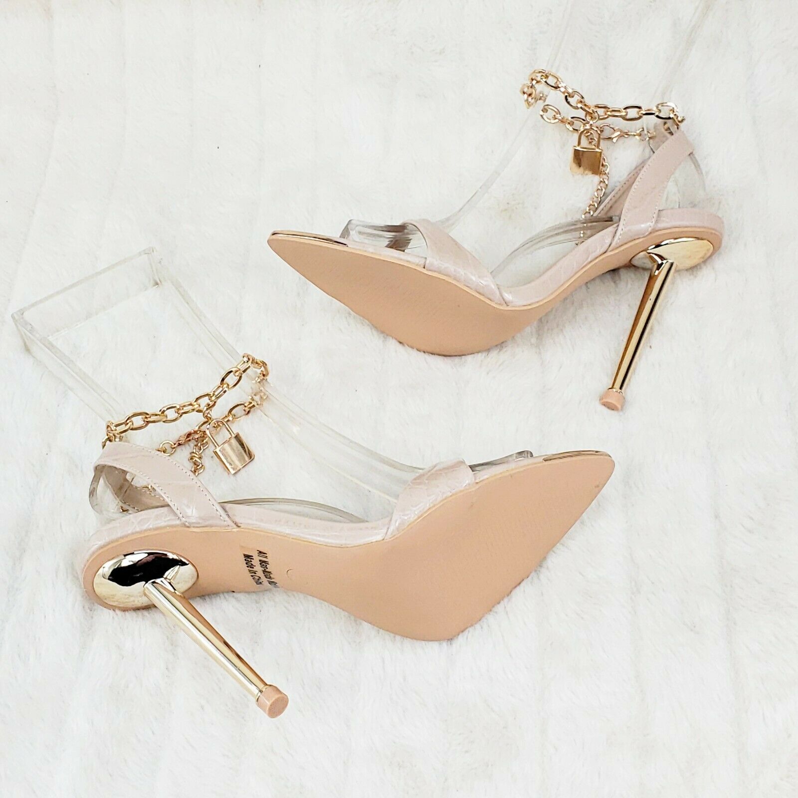 Nicely Pad Lock Chain Strap High Heels Metal Toe Tip Shoes Nude - Totally Wicked Footwear