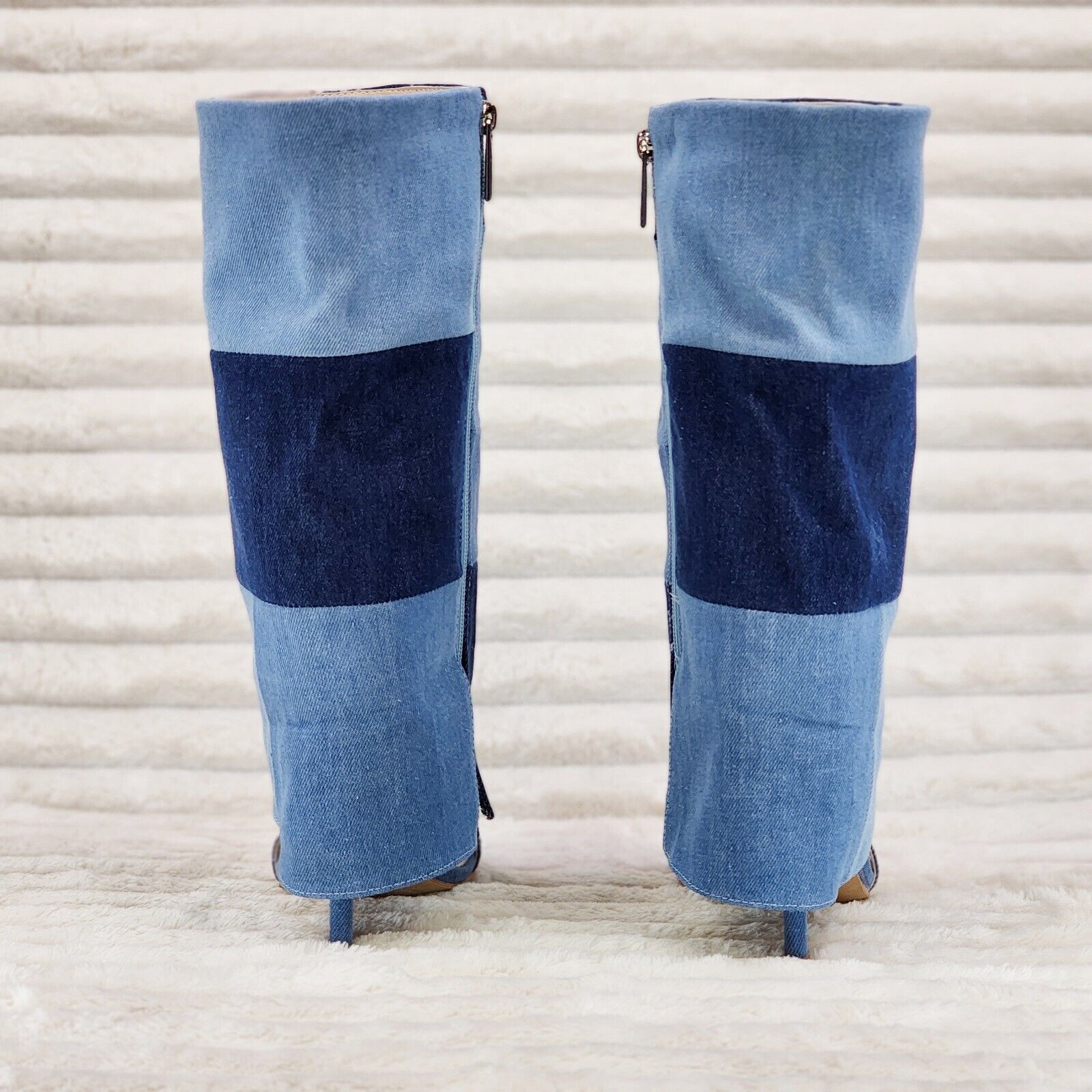Paris Denim Patchwork Stiletto Fold Over Skirted Shootie Boot Sandals - Totally Wicked Footwear