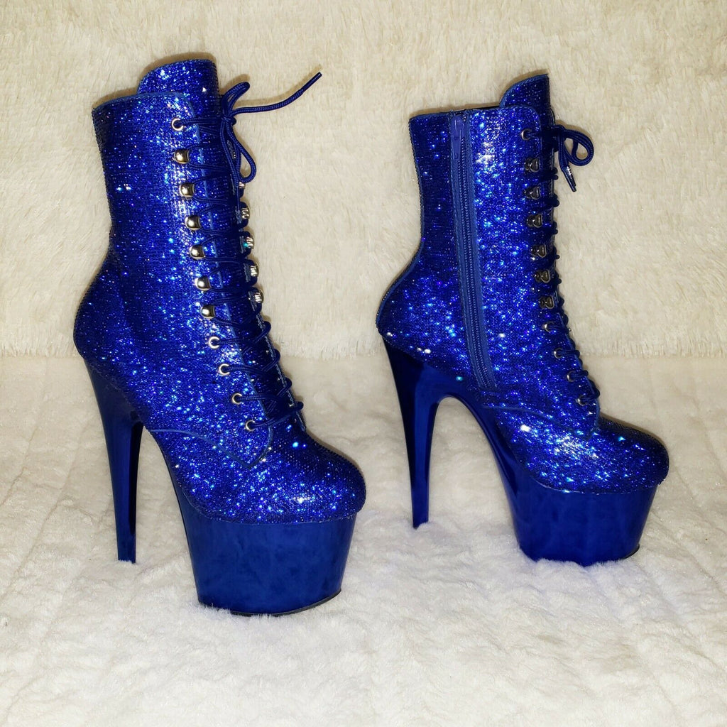Blue 1020CHRS Bejeweled Rhinestone 7" High Heel Chrome Platform Ankle Boots NY - Totally Wicked Footwear