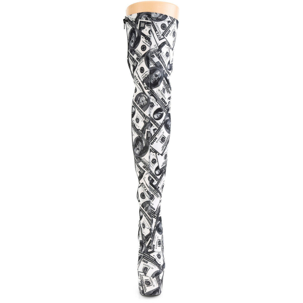 Adore 3000DP Money Print Stretch Thigh High Platform 7" Heel Boots 7-14 NY - Totally Wicked Footwear