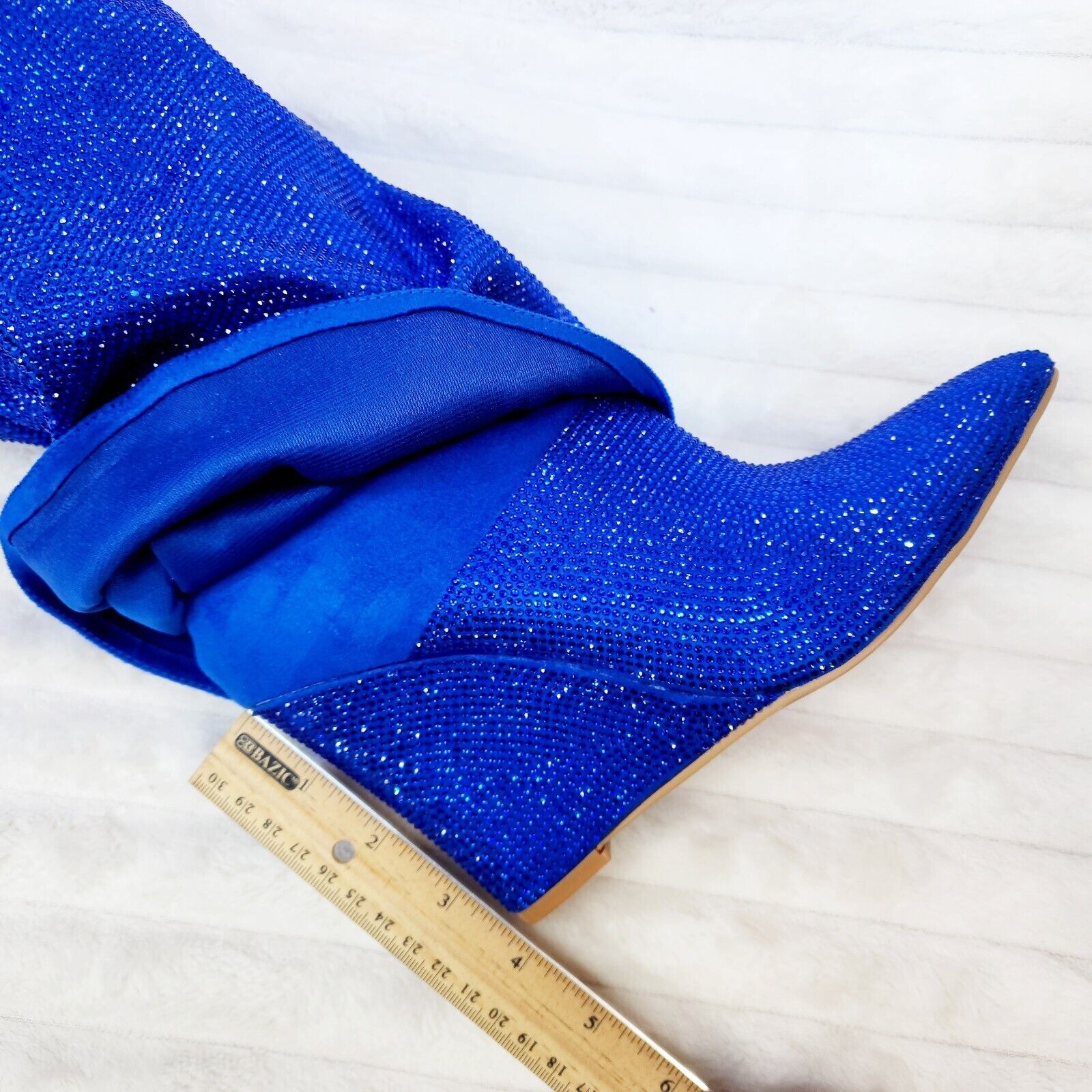 Super Sparkle Sharky Skirted Fold Over Wedge Heel Knee Boots Royal Blue - Totally Wicked Footwear