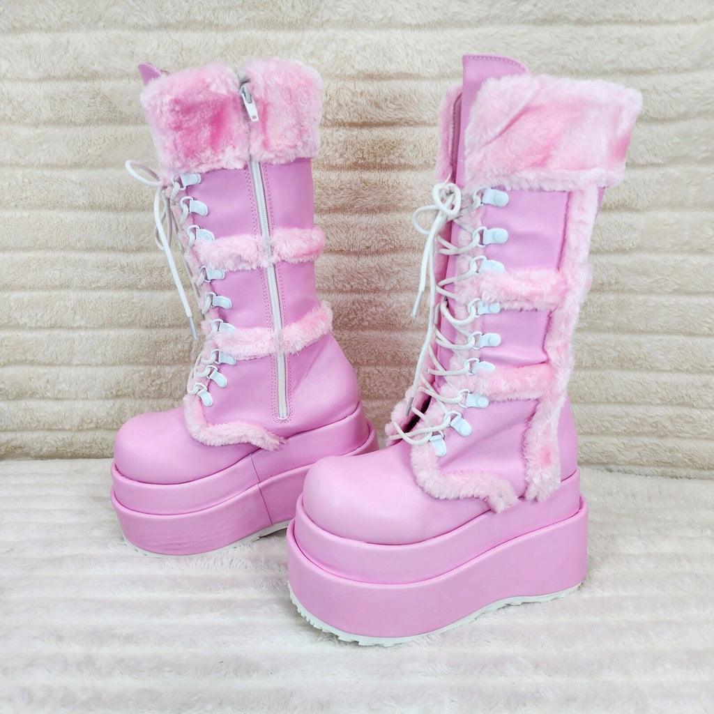 Bear 202 Pink Faux Fur / V Leather Platform Goth Punk Calf Boots NY Stomper - Totally Wicked Footwear
