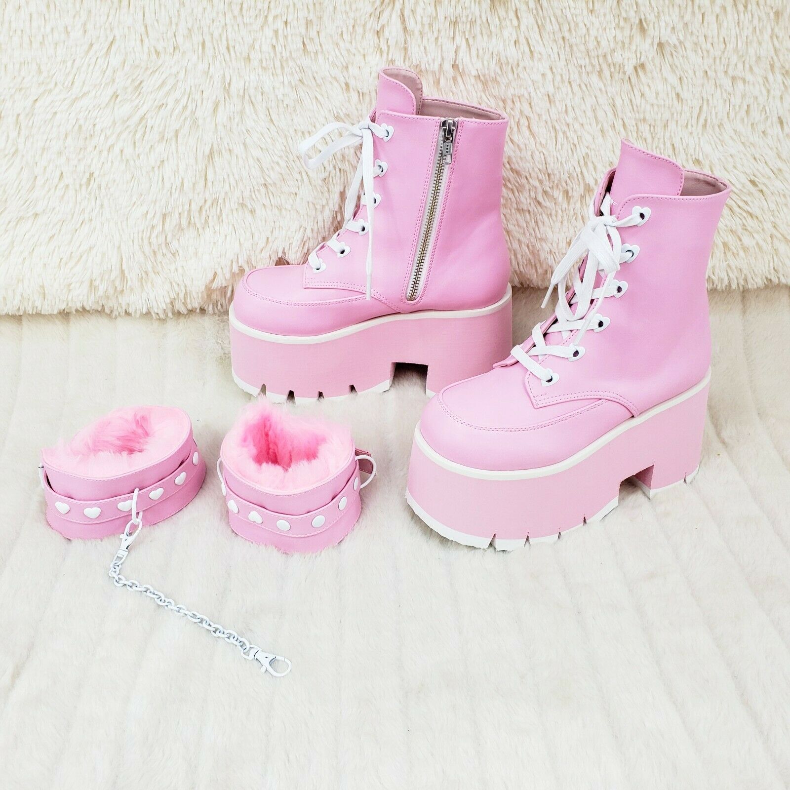 Ashes 57 Pink Heart Studs 3.5" Platform Goth Boots Fur Lined Cuffs & Chain NY - Totally Wicked Footwear