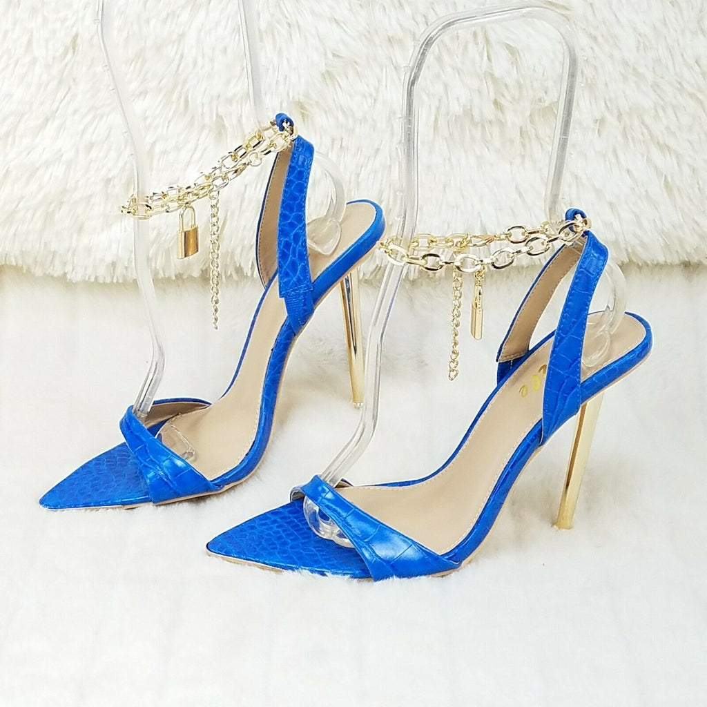 Nicely Pad Lock Chain Strap High Heels Metal Toe Tip Shoes Turquoise Blue - Totally Wicked Footwear
