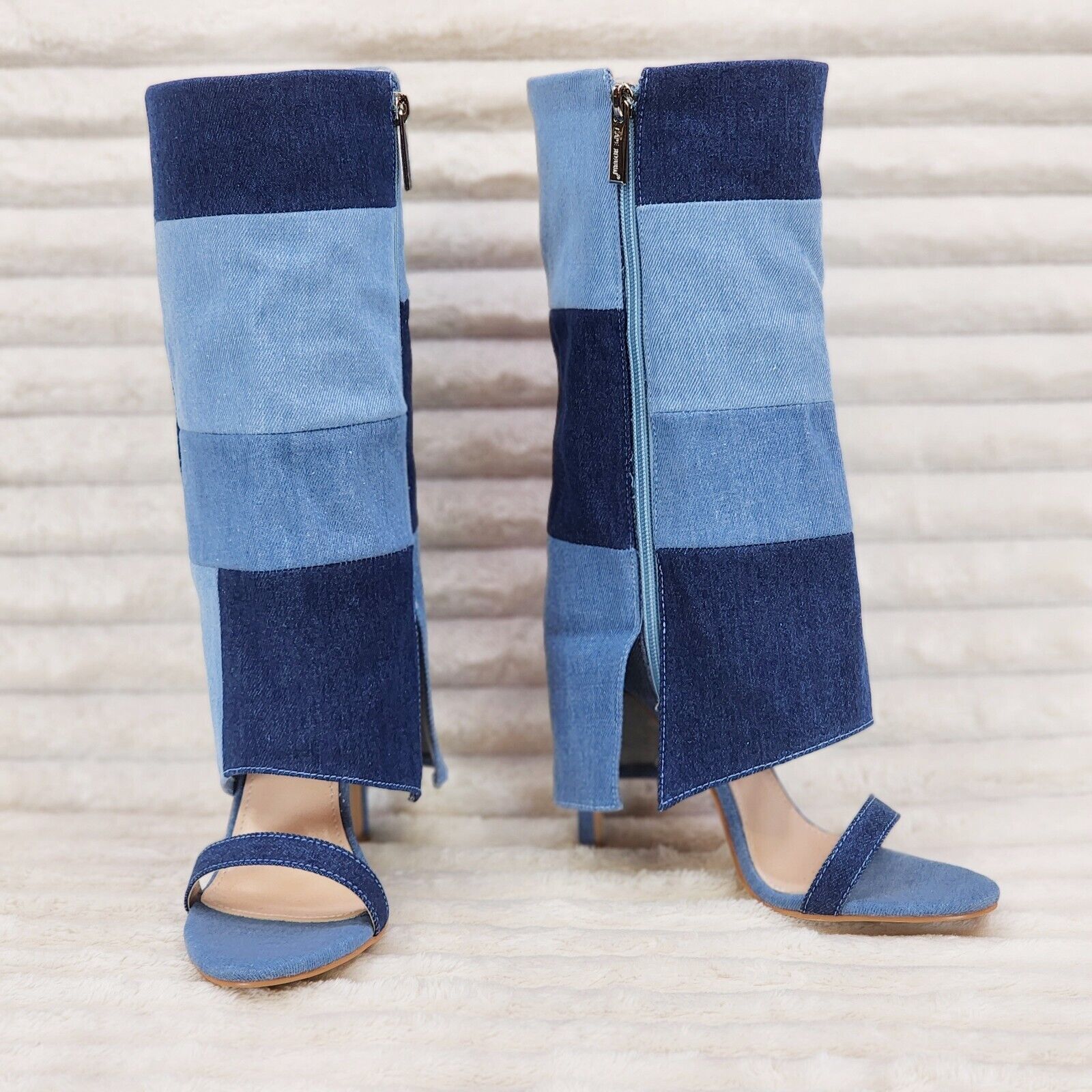 Paris Denim Patchwork Stiletto Fold Over Skirted Shootie Boot Sandals - Totally Wicked Footwear