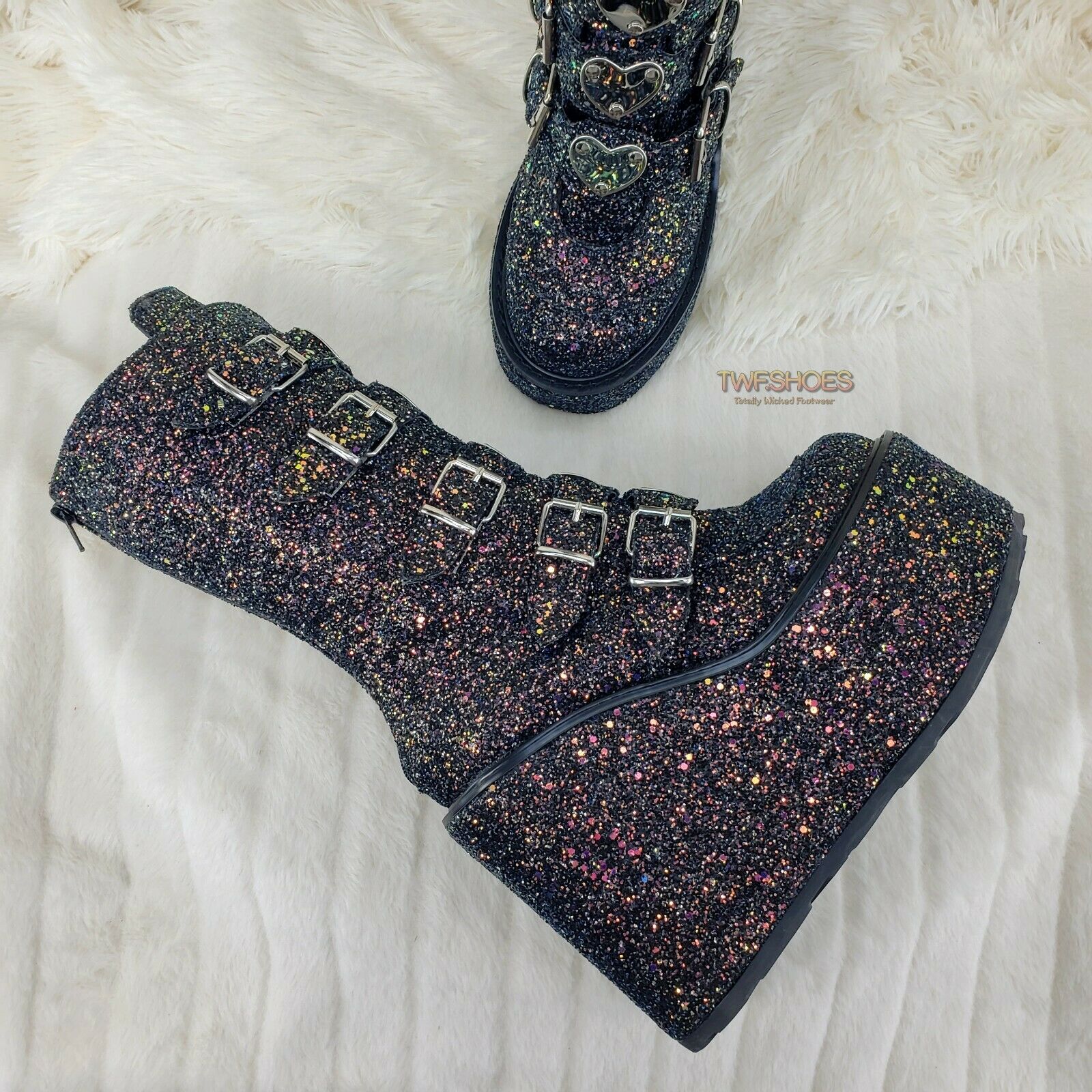 Swing 230G Black Glitter Platform Boots Heart Strap Goth Punk 6-12 Restocked NY - Totally Wicked Footwear