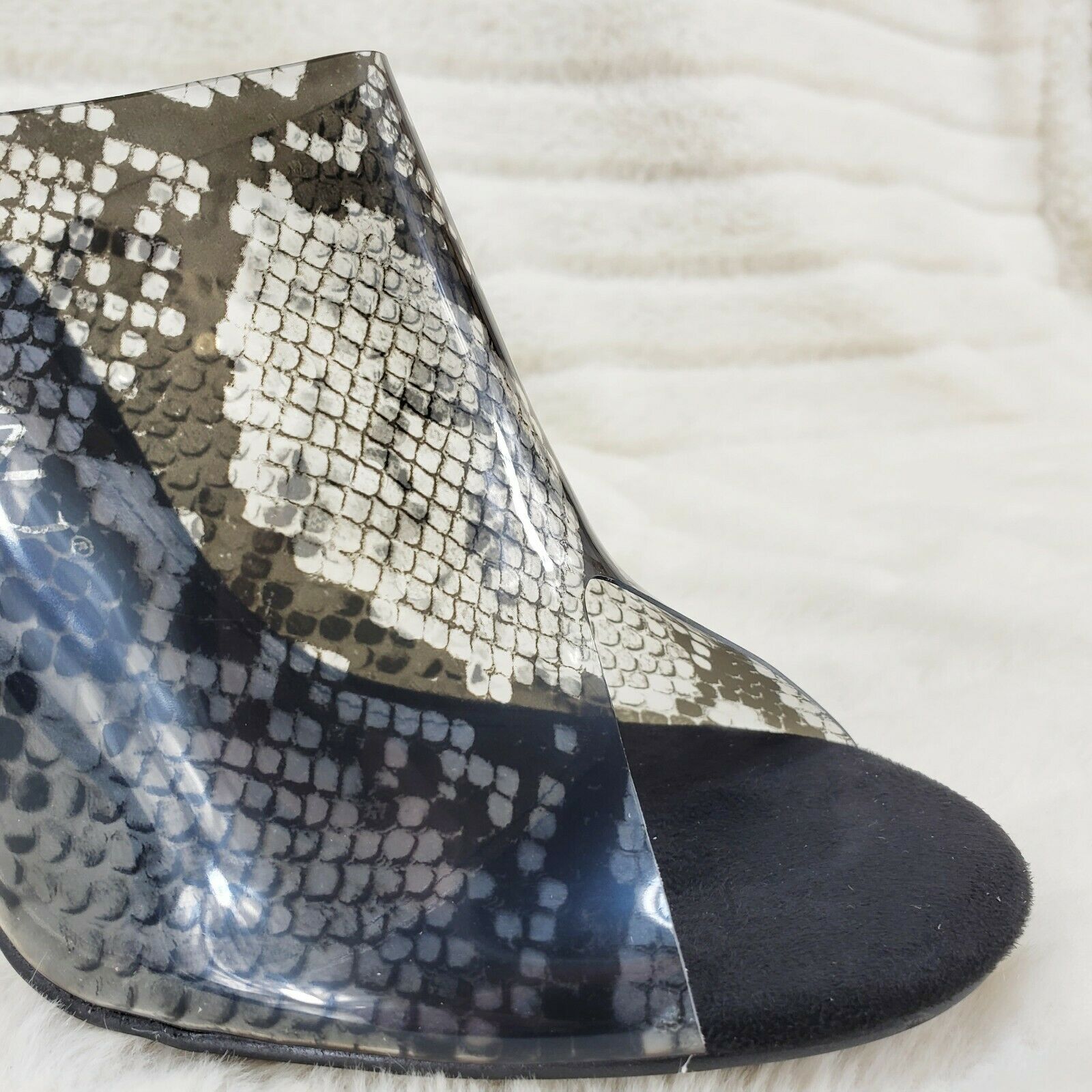 Mac J Black Transparent Snake Print Slip On Clog 5" Clear Acrylic Wedge Heels - Totally Wicked Footwear