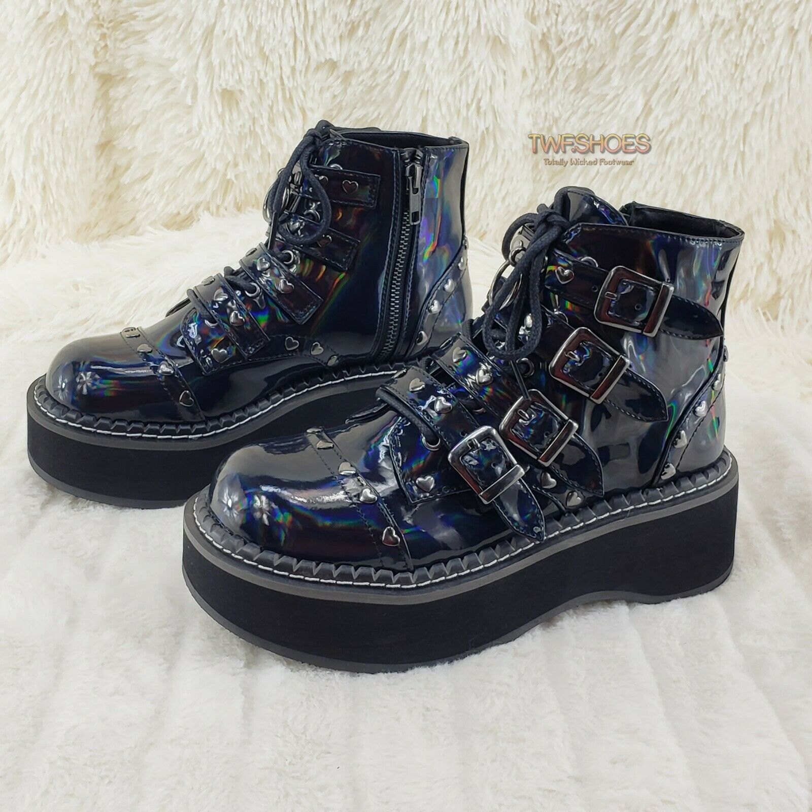 Demonia Emily 315 Black Holo Patent Heart Stud 2" Platform Ankle Boot Shoes NY - Totally Wicked Footwear