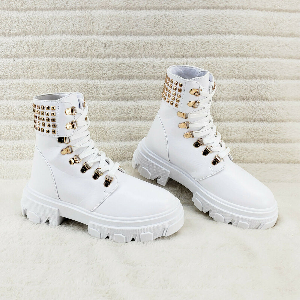 Nina White Gold Hardware Studded Combat Ankle Boots - Totally Wicked Footwear