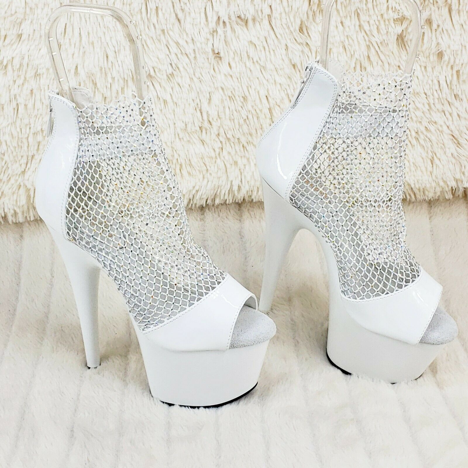 Adore 765RM White Patent Rhinestone Mesh Platform Sandals 7" High Heel Shoes NY - Totally Wicked Footwear