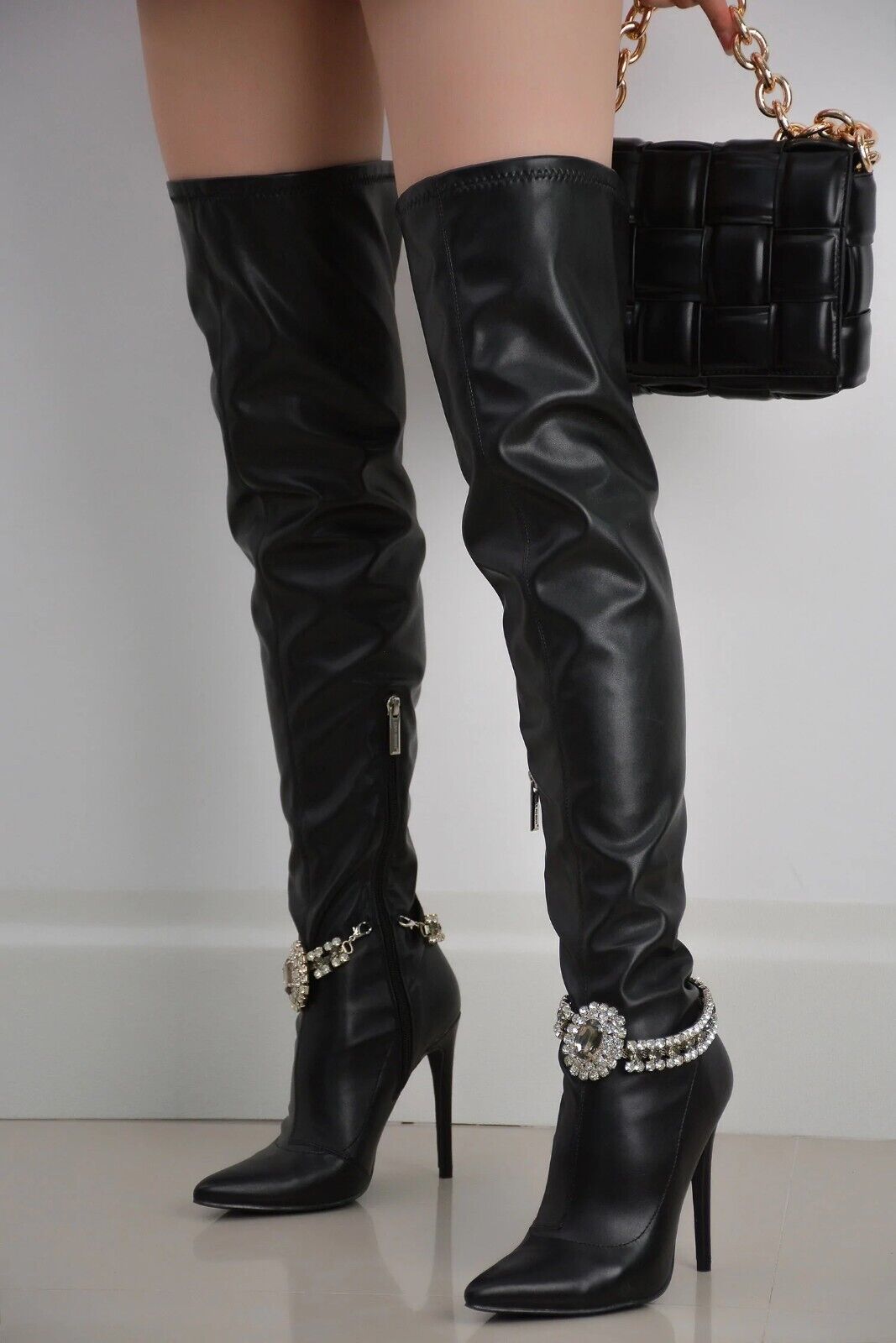 Lawless Black Stretch Leatherette Rhinestone Ankle Bracelet Thigh High Boots - Totally Wicked Footwear