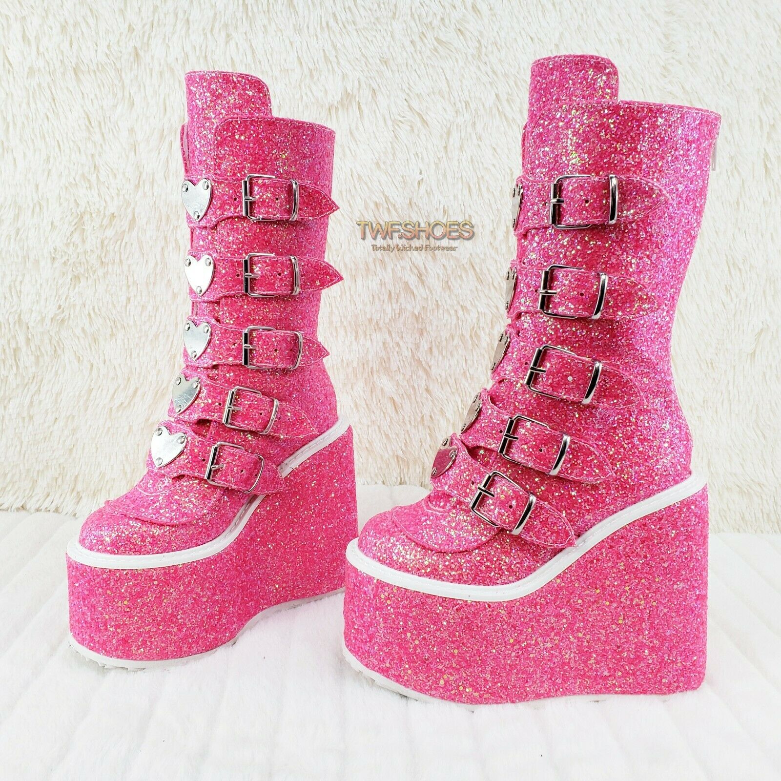 Swing 230G Pink Glitter Boot 5.5" Platform Heart Strap Goth Boots 6 -11  NY - Totally Wicked Footwear