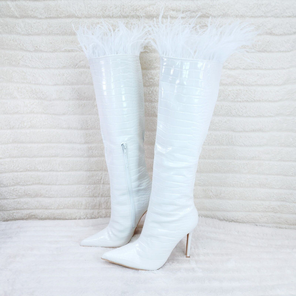 Flirty White Snake Texture Knee High Heel Stiletto Boots Sexy Feather Top - Totally Wicked Footwear