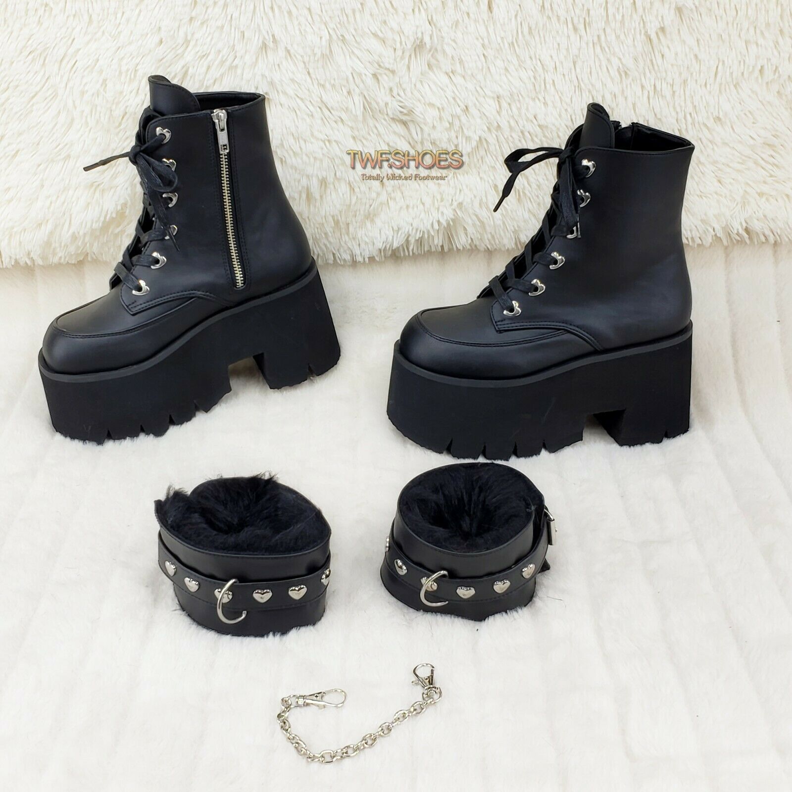 Ashes 57 Black Heart Studs 3.5" Platform Goth Boots Fur Lined Cuffs & Chain NY - Totally Wicked Footwear