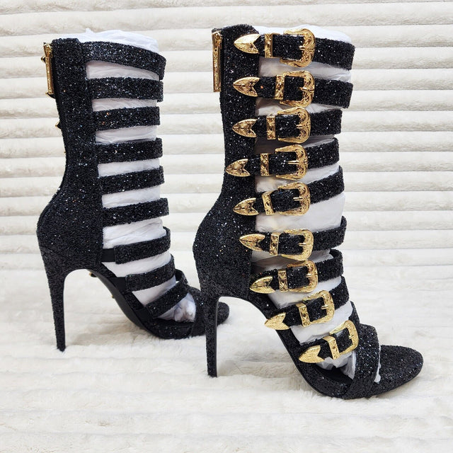 Nelly Bernal Wavy Multi Strap High Heels Shootie Boots Black Glitter Sparkle - Totally Wicked Footwear