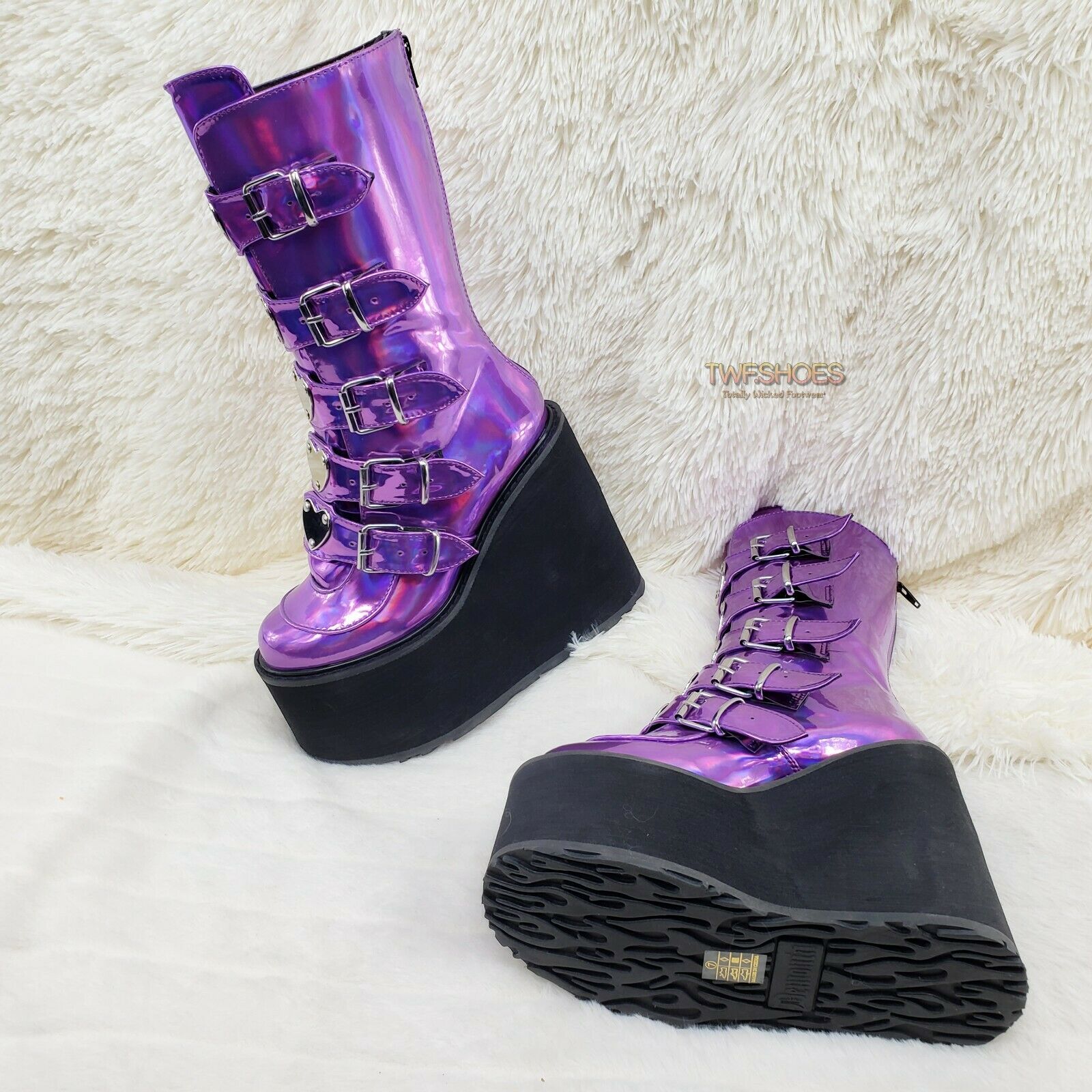Swing 230 Purple Hologram Calf Boot 5.5" Platform Heart Strap Design US Sizes NY - Totally Wicked Footwear