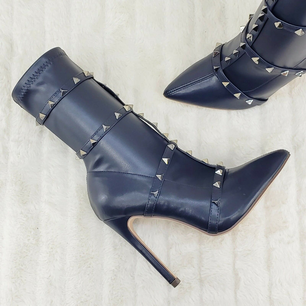 Mark Pyramid Stud Strap High Heel Pointy Toe Stretch Ankle Boots Navy Blue - Totally Wicked Footwear