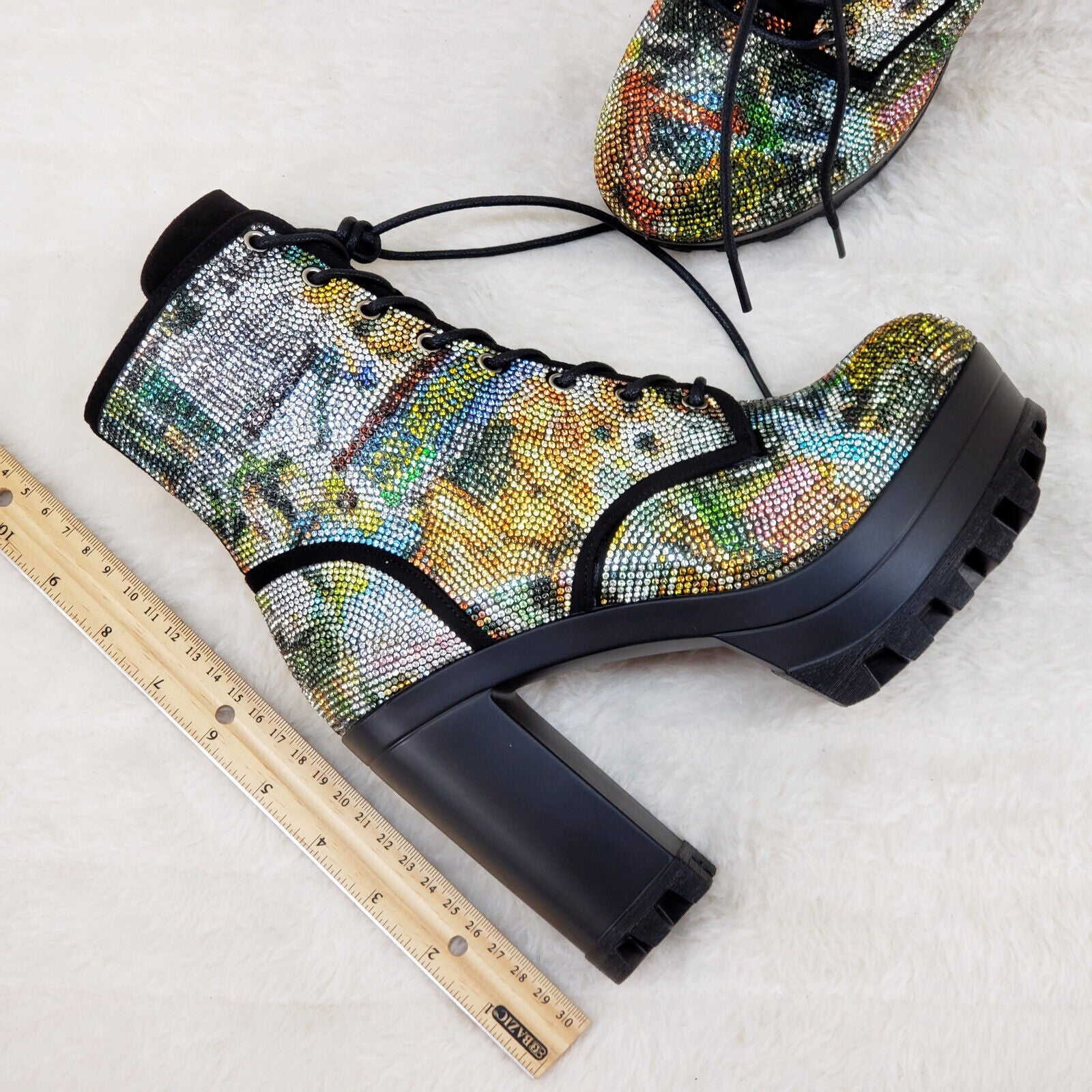 News Story Multi Sparkle Rhinestone Lug Sole Chunky High Heel Ankle Boots - Totally Wicked Footwear