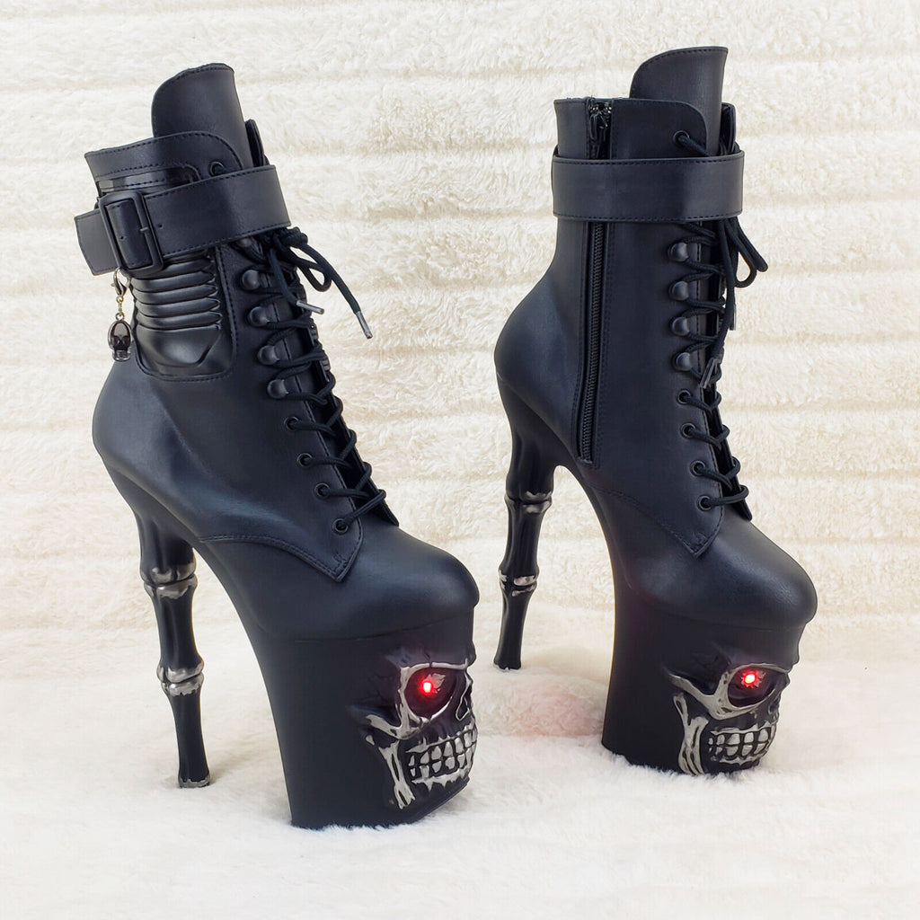 Rapture Black Skull & Bones 8" High Heel Platform Ankle Boots Lighted Eyes NY - Totally Wicked Footwear