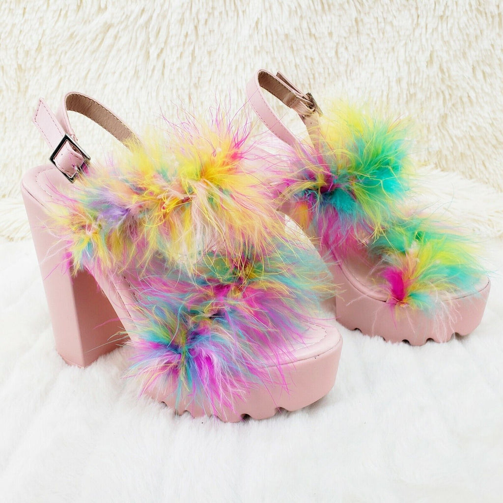 Top Rate Marabou Double Strap Chunky High Heels Platform Sandal Shoes Multicolor - Totally Wicked Footwear