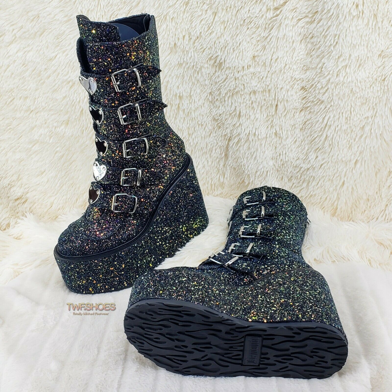 Swing 230G Black Glitter Platform Boots Heart Strap Goth Punk 6-12 Restocked NY - Totally Wicked Footwear