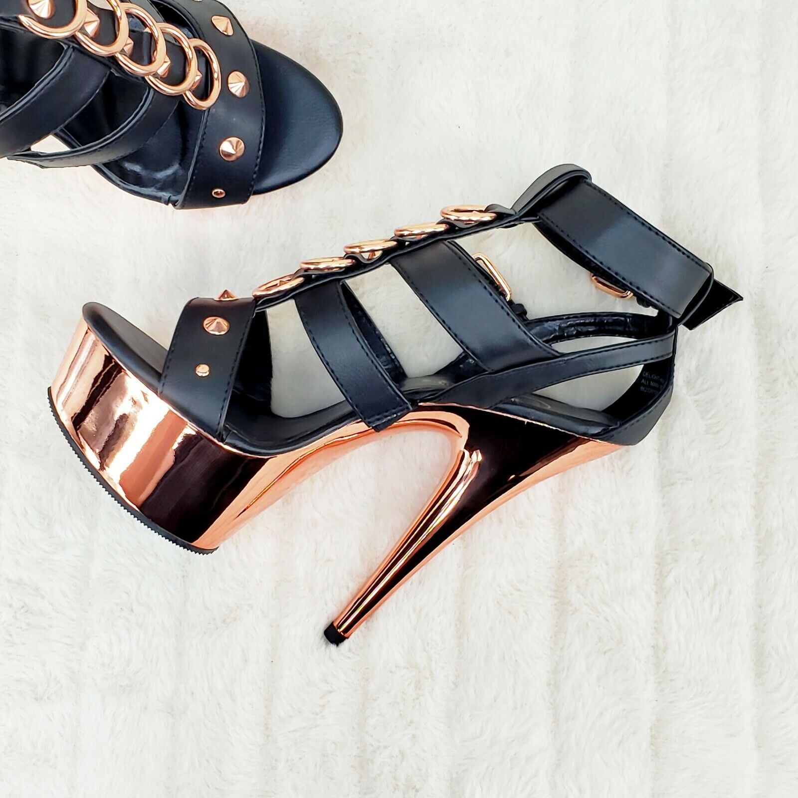 Delight 658 Black Rose Gold Cage Strap 6" High Heel Shoe Bull Ring US Sizes NY - Totally Wicked Footwear