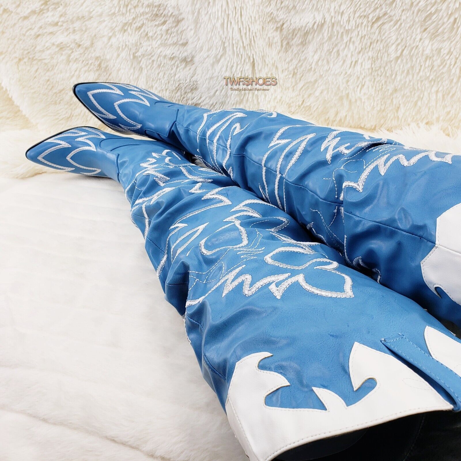 Kelsey 21 Rock Star Turquoise & White Western Slouch OTK Thigh High Cowboy Boots - Totally Wicked Footwear