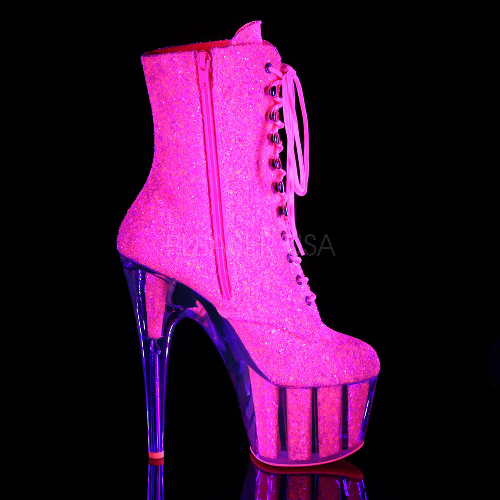 Adore 1020G Neon Pink Glitter Ankle Boot 7" Platform Heel - Totally Wicked Footwear