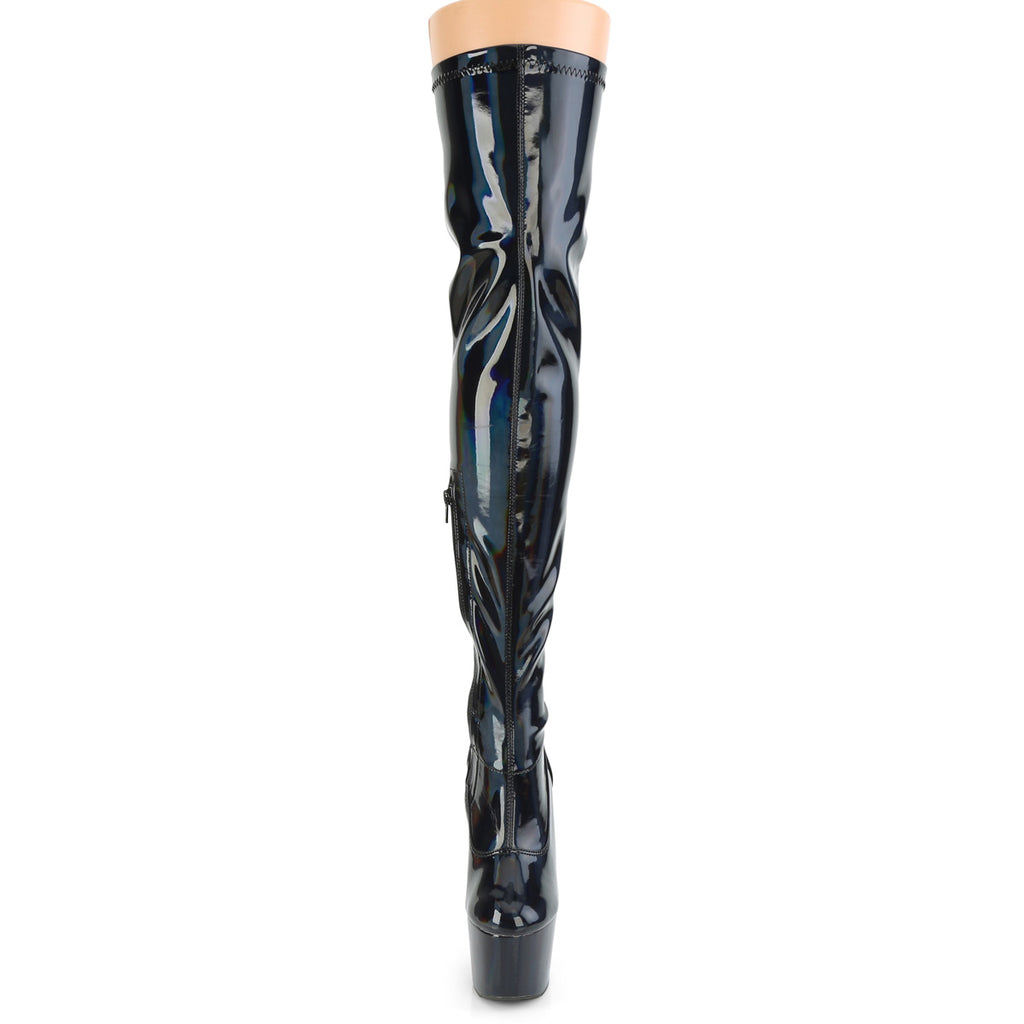 Adore 3000HWR Glossy Black Hologram Stretch Platform Thigh Boots 7" Heels - Totally Wicked Footwear