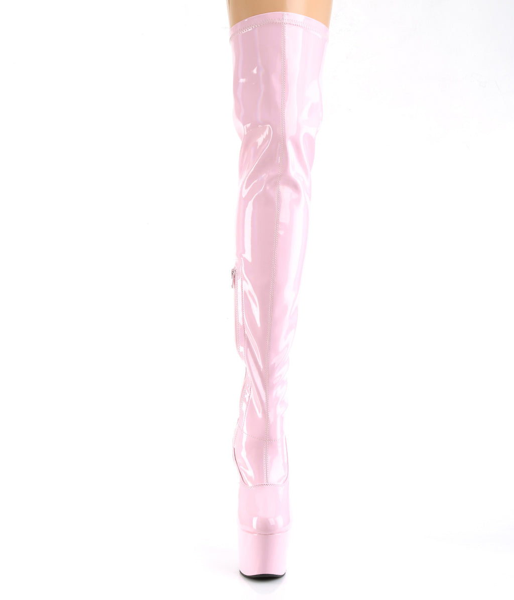Adore 3000HWR Glossy Pink Hologram Stretch Platform Thigh Boots 7" Heels - Totally Wicked Footwear