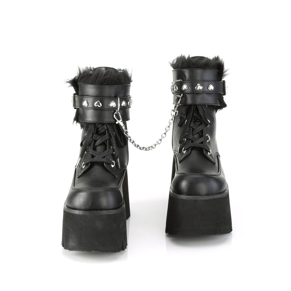 Ashes 57 Furry Cuff 3.5" Chunky Heel Goth Punk Ankle Boots Black - Demonia Direct - Totally Wicked Footwear