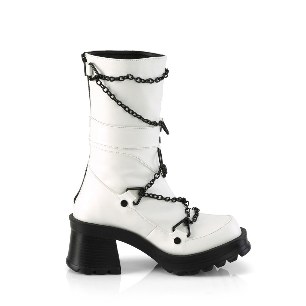 Bratty 120 White Ankle Boots  Chain Details - Demonia Direct - Totally Wicked Footwear